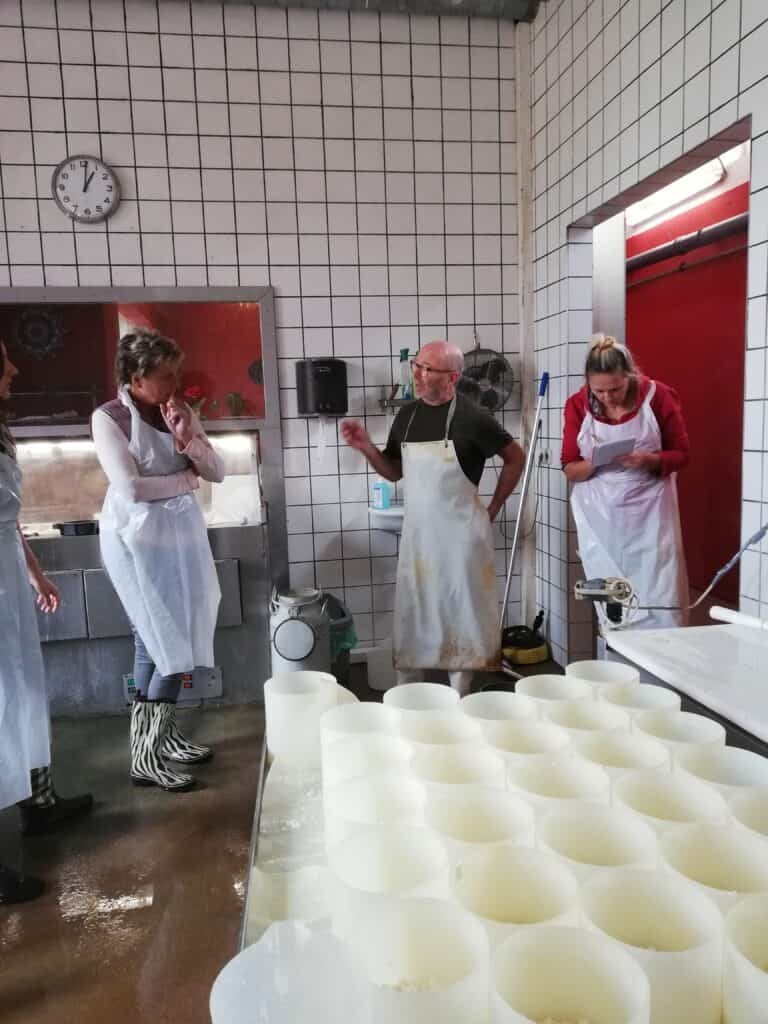 Mehrere Personen in Schürzen unterhalten sich in einer Käserei hinter zahlreichen weißen Käseformen