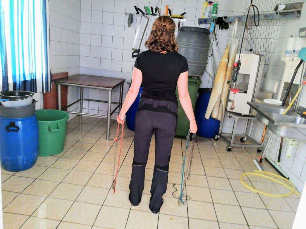 Bianca Blasl von hinten aufgenommen im Schlachtraum mit Ketten in den Händen