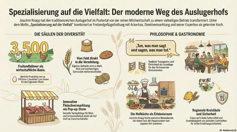 Infografik Ausluger Joachim Knapp erstellt mit Notebook LM - Bauer to the People Podcast mit Willy Geiger in Südtirol