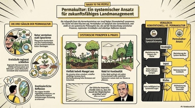 Infografik Permakultur zum Podcast Gespräch zwischen Willy Geiger und Josef HOlzer vom Krameterhof im Lungau zum Thema Permakultur - erstellt mit Notebook LM