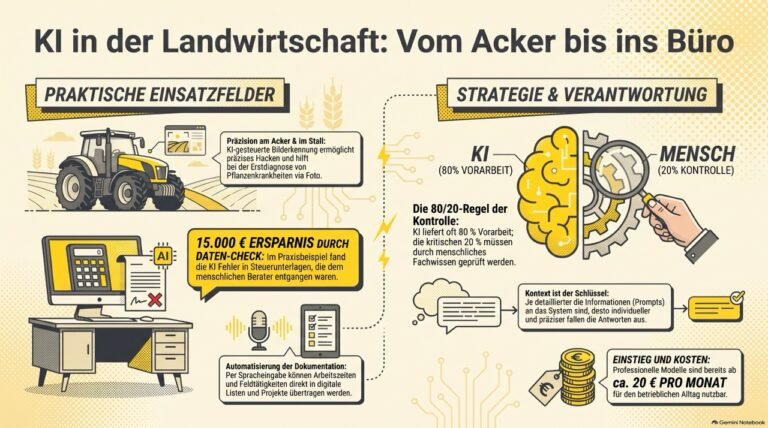 Infografik KI in der Landwirtschaft - erstellt mit Gemini Notebook - Auf Basis des Podcast-Transkriptes des Gesprächs mit Stefan Romstorfer von Neuland Bio im Bauer to the People Podcast